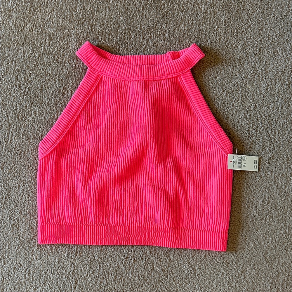 Aerie Neon Pink/Coral Ribbed Halter Crop Top - Picture 2 of 3